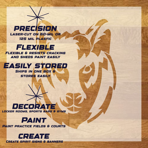 Wolf Head Mascot Stencil Sheet with key highlights of the design and how it can be used.
